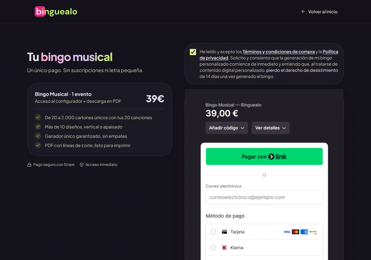Página de compra de Binguealo con el pago seguro de Stripe
