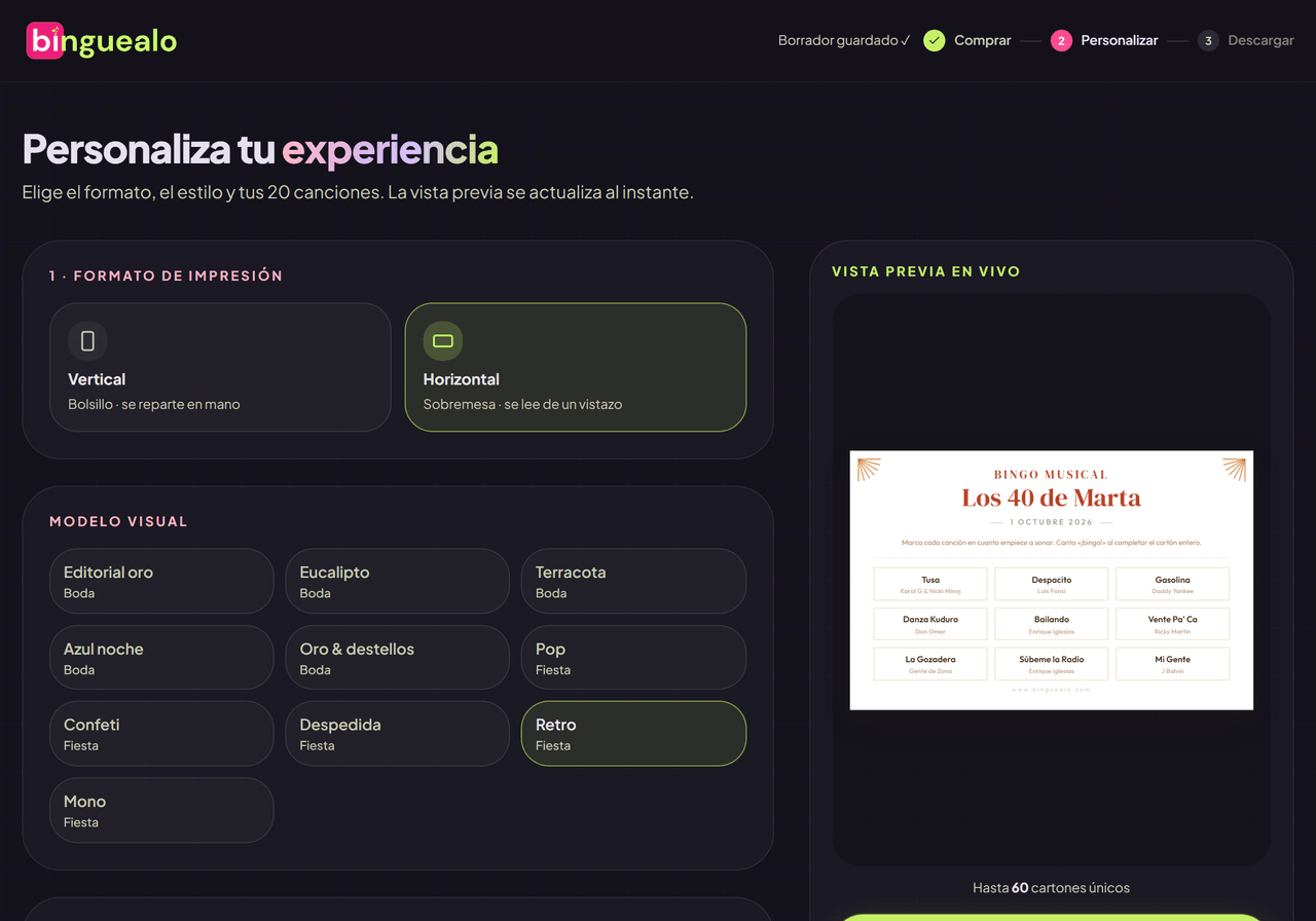 Configurador de Binguealo: formato, modelo y vista previa en vivo
