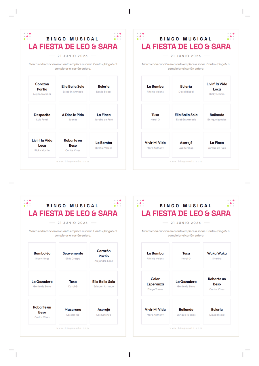 Pliego A4 real de Binguealo: cuatro cartones con marcas de corte